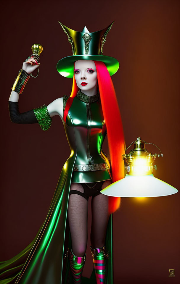 Vibrant red and green hair female character in futuristic outfit with scepter and lamp