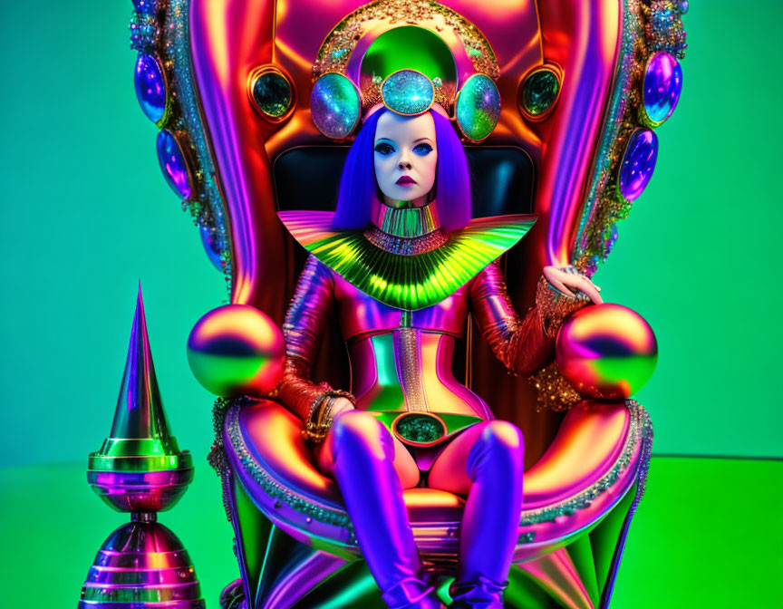 Blue-skinned female figure on vibrant throne against green background
