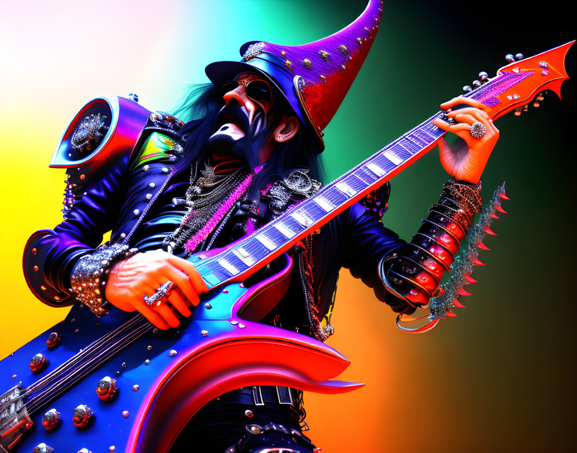 Colorful Background with Flamboyant Rocker and Red Spiky Guitar