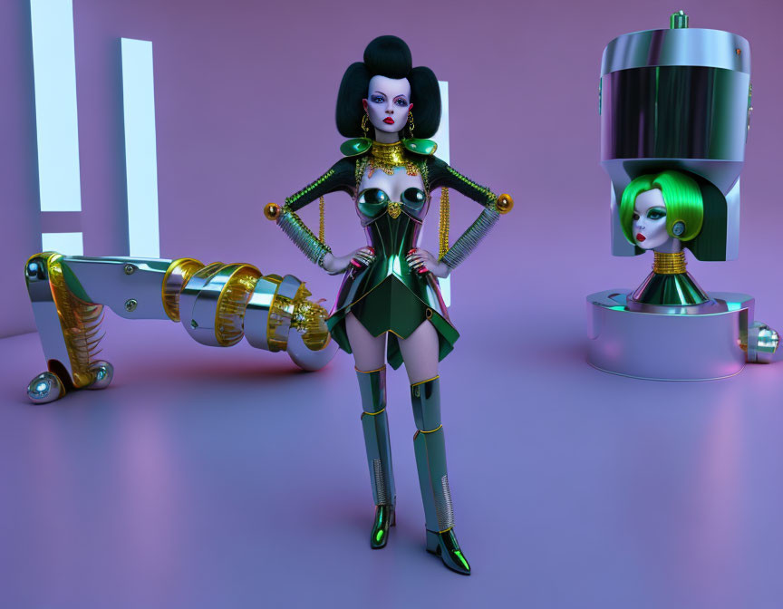 Futuristic female robot with purple skin in metallic green outfit