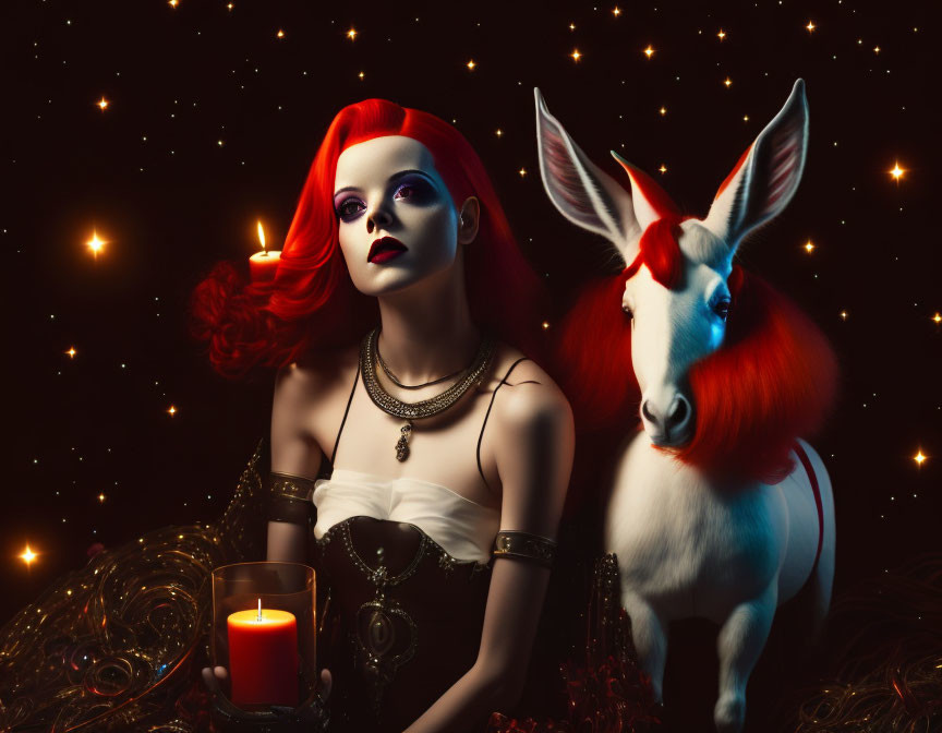 Red-haired woman with Gothic makeup and candle next to white goat in surreal setting