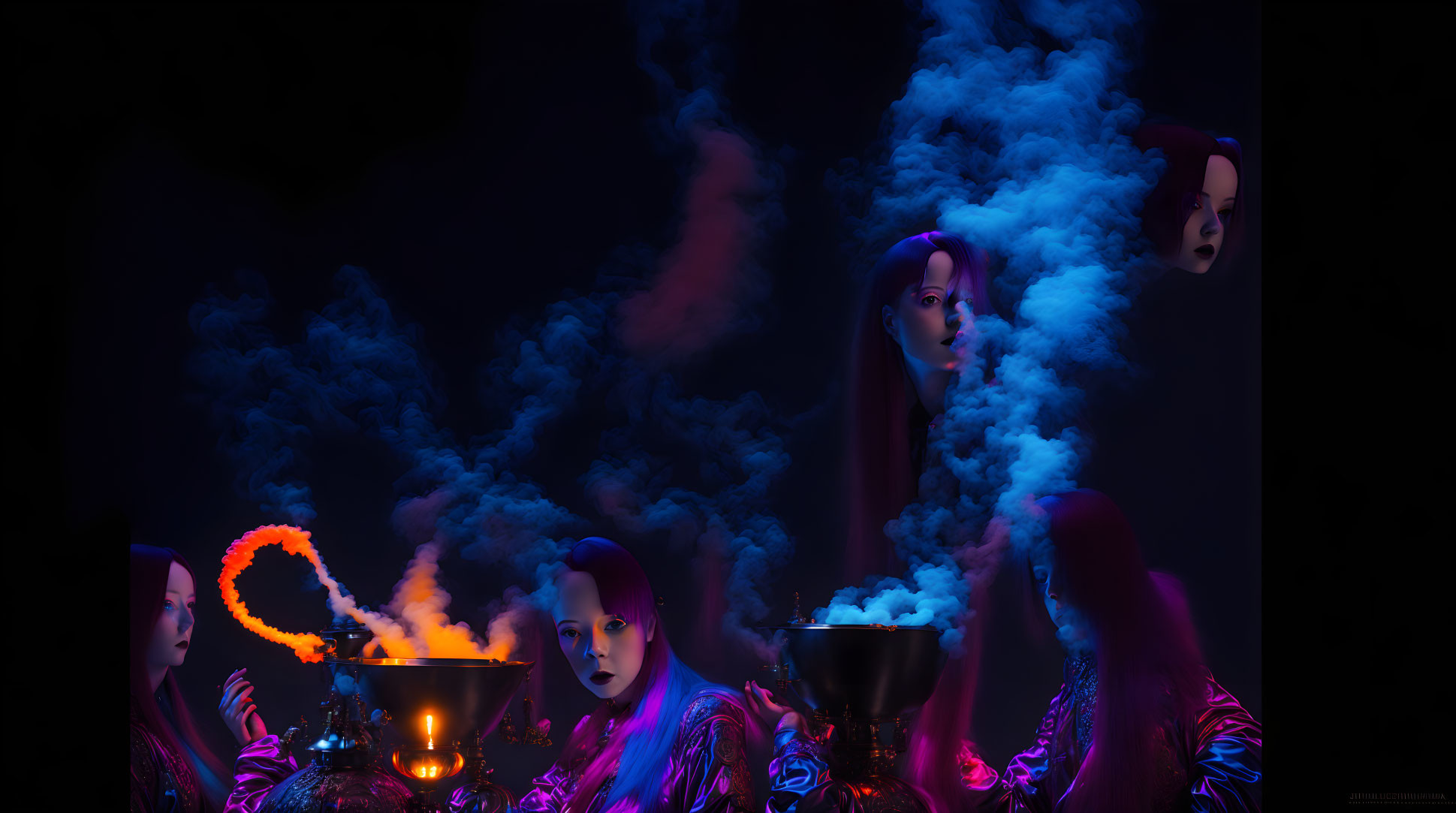 Surreal image: Multiple identical women with purple skin in dark ambiance