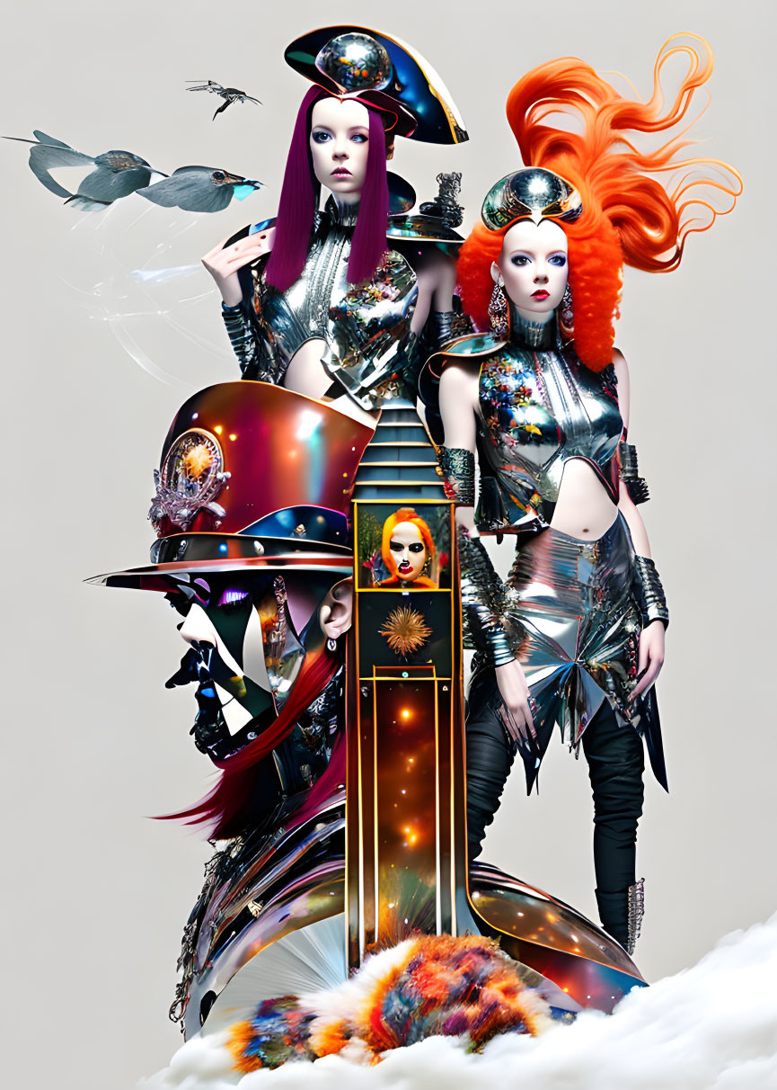 Avant-garde futuristic fashion with metallic elements and vibrant makeup