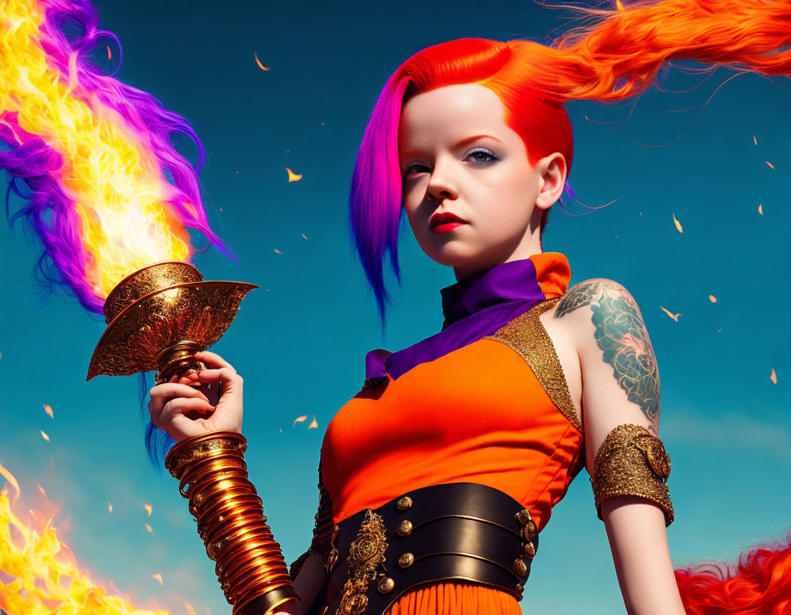 Vibrant red-haired woman holding flaming torch against vivid blue sky