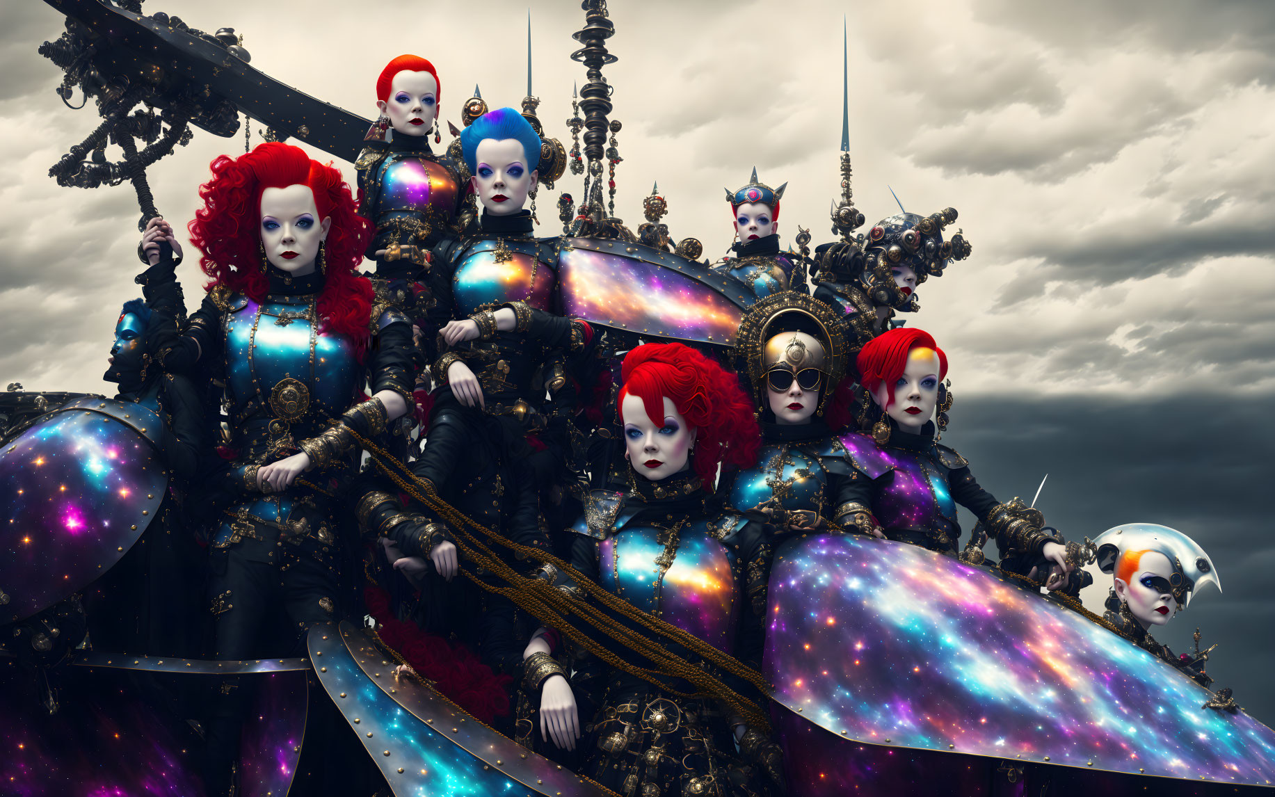 Individuals in elaborate cosmic-themed costumes against cloudy sky