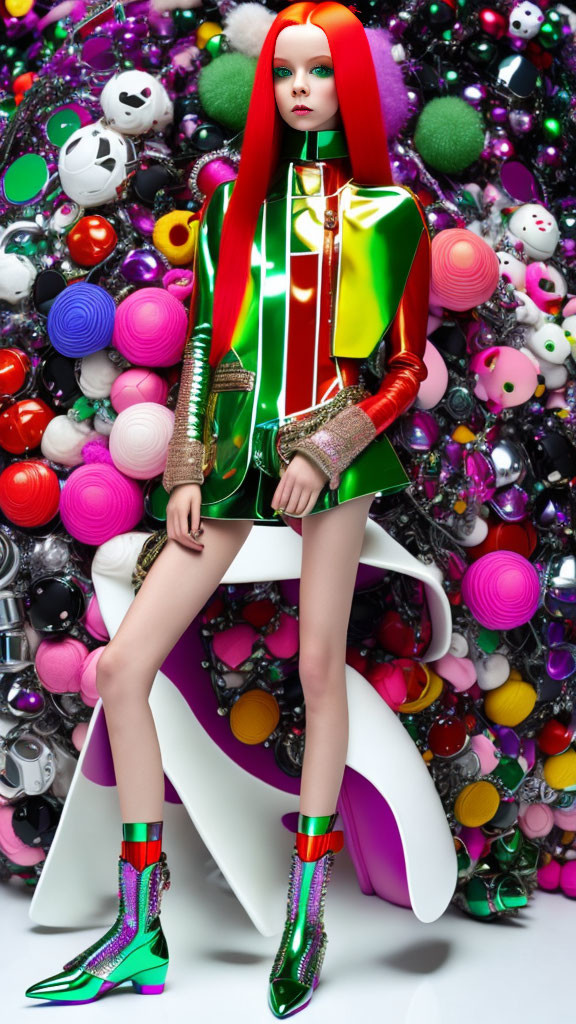 Futuristic woman in iridescent green outfit with colorful backdrop