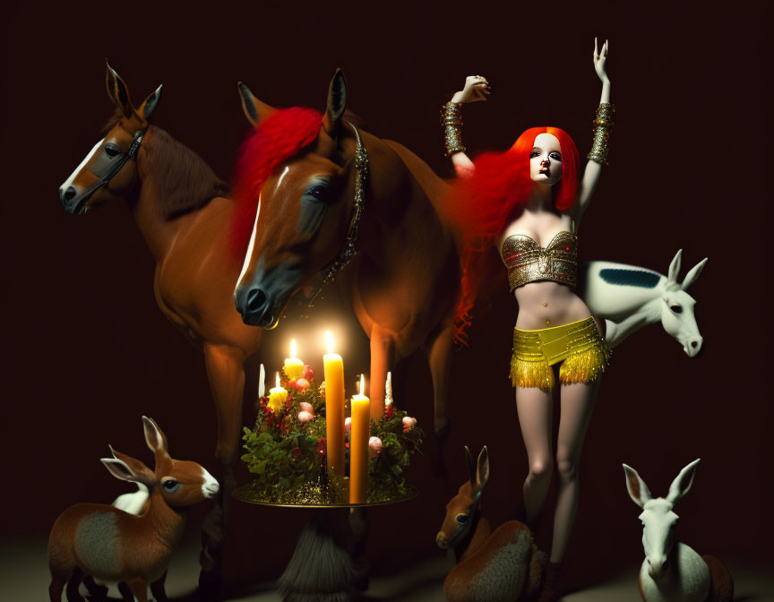 Red-haired woman in gold costume with horses and rabbits around candelabra