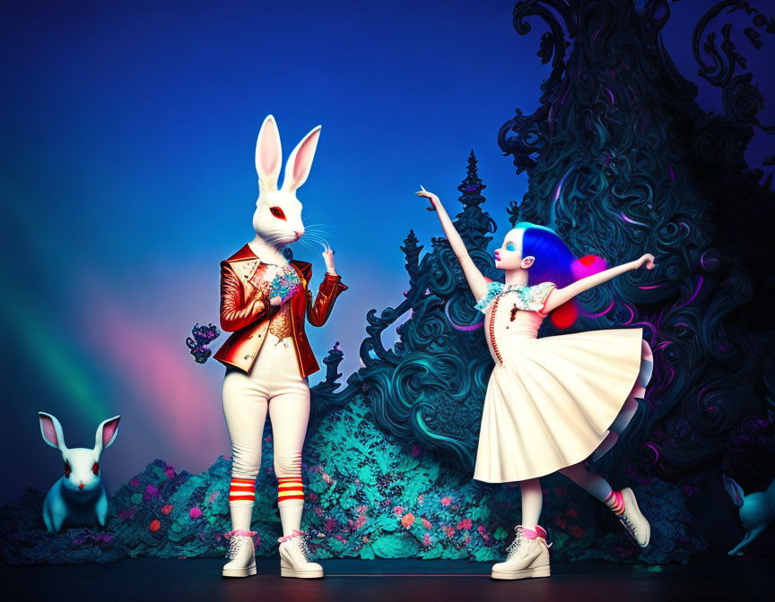 Anthropomorphic rabbit and girl in surreal, colorful scene