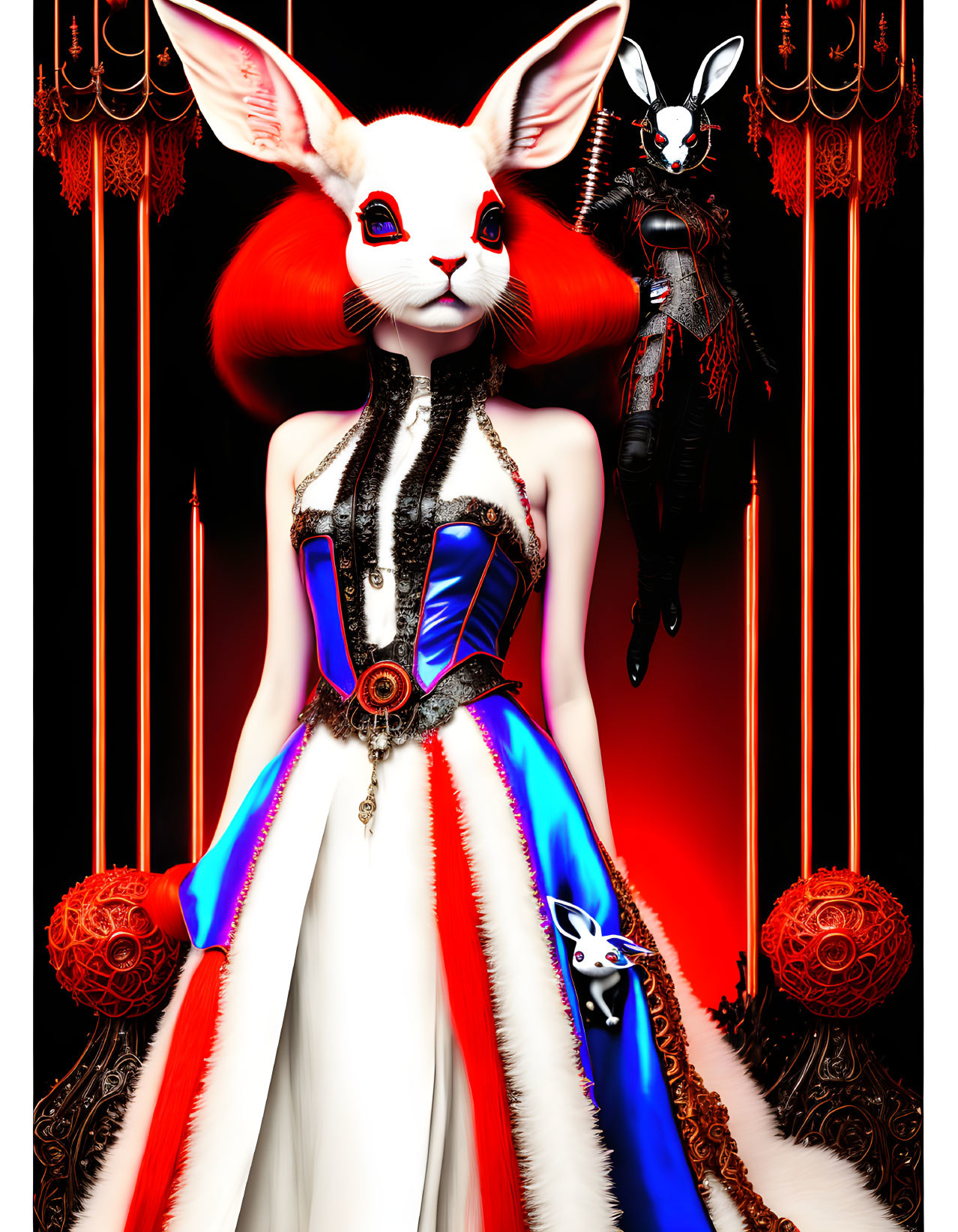 Digital artwork: Humanoid figure with rabbit head in white dress with blue and red accents