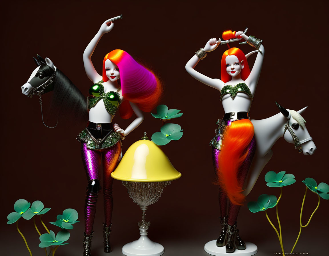 Stylized female figures with colorful hair and shiny outfits pose beside horse mannequins and oversized