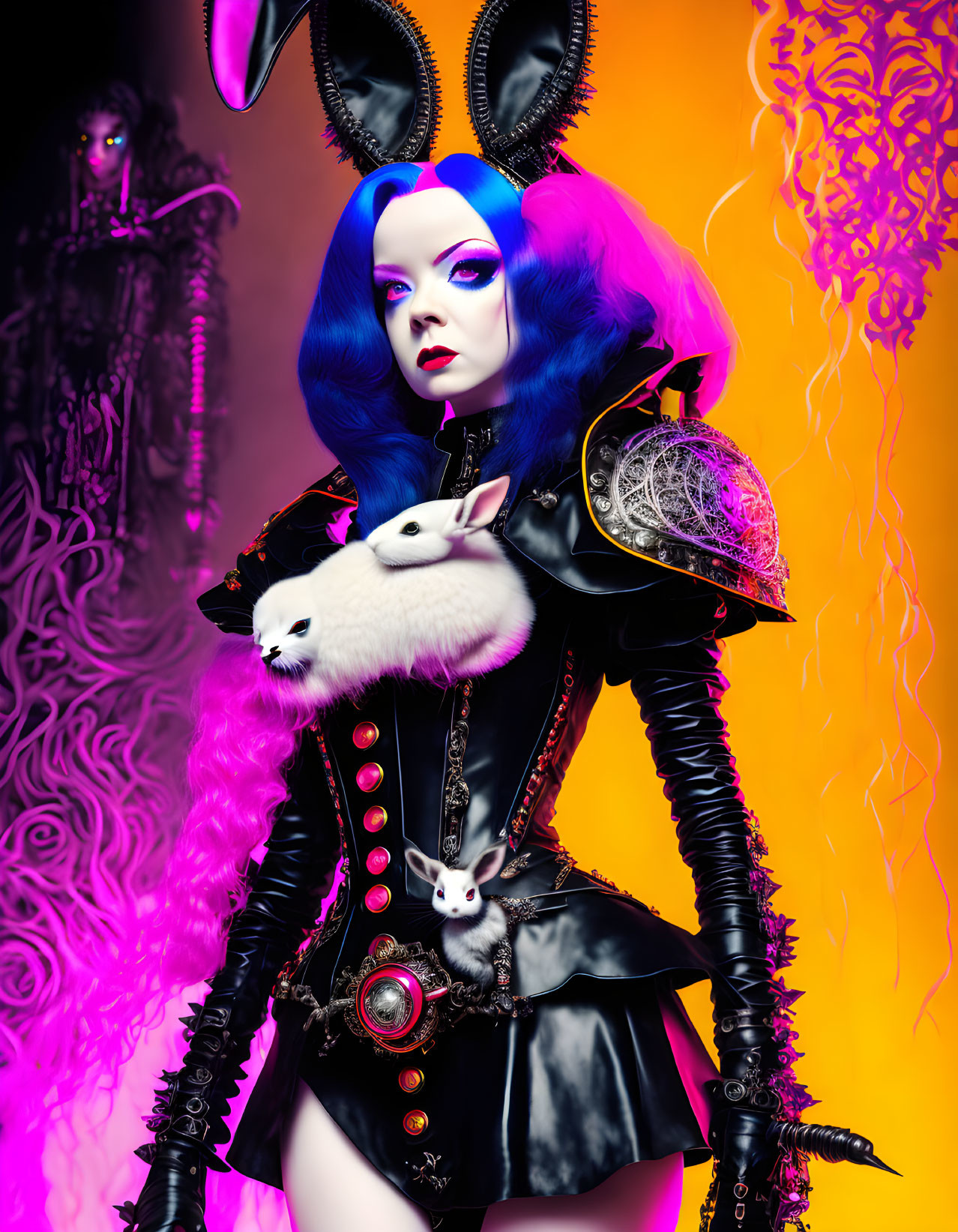 Vibrant portrait of a person with blue hair in gothic attire and bunny ears, holding a