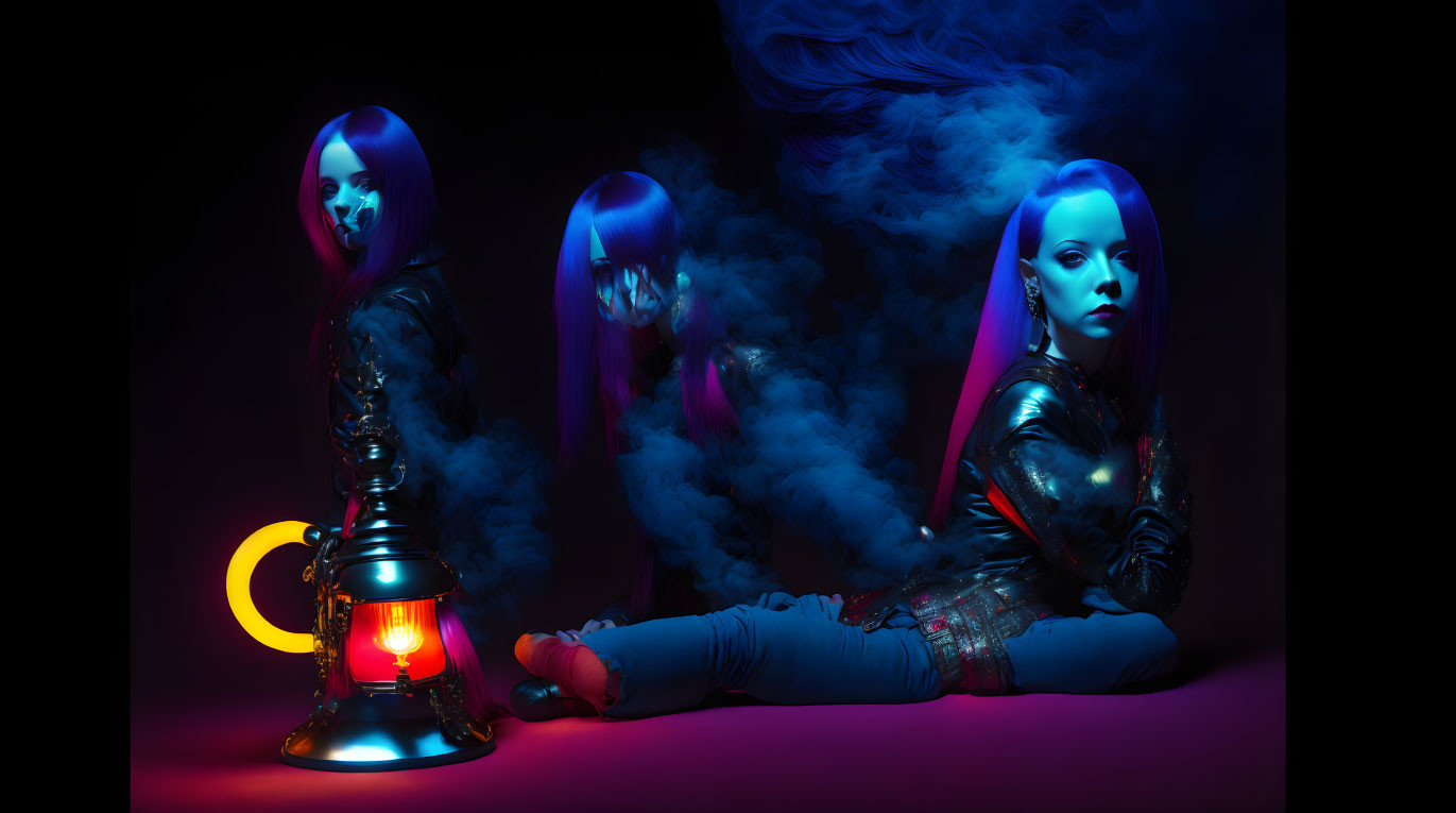 Three models with blue-pink hair and elaborate makeup in dramatic poses with a lantern on a moody