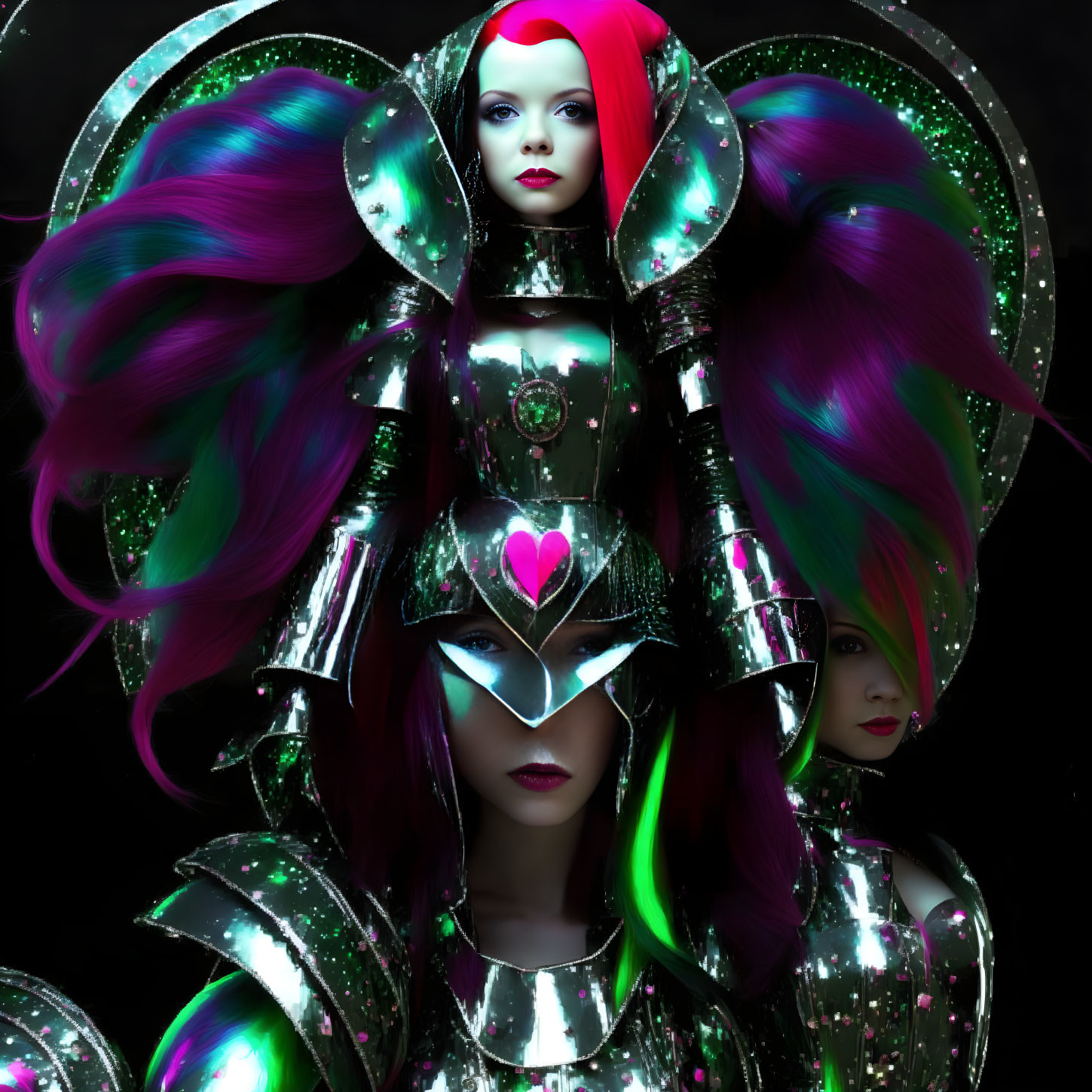 Colorful futuristic knight with heart motifs and sparkling armor on dark background