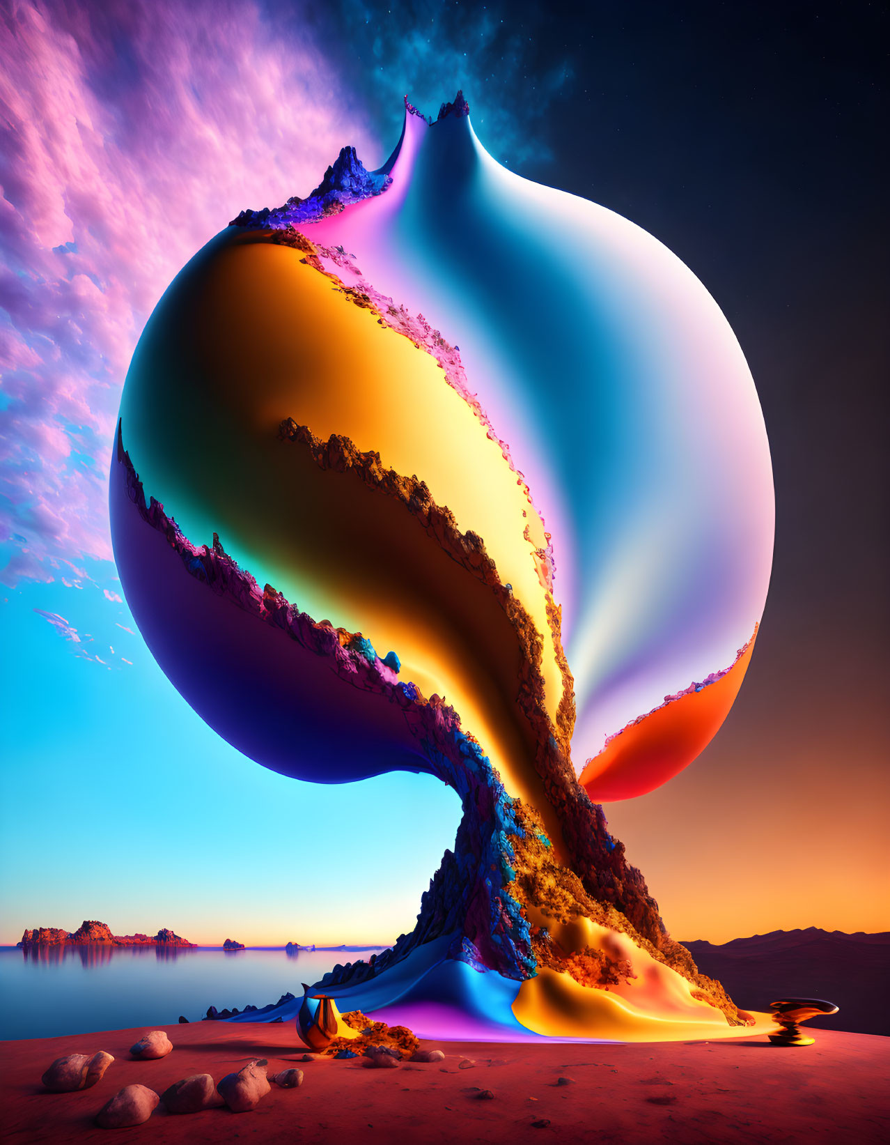 Vibrant surreal landscape with distorted hourglass shape and purple sky.