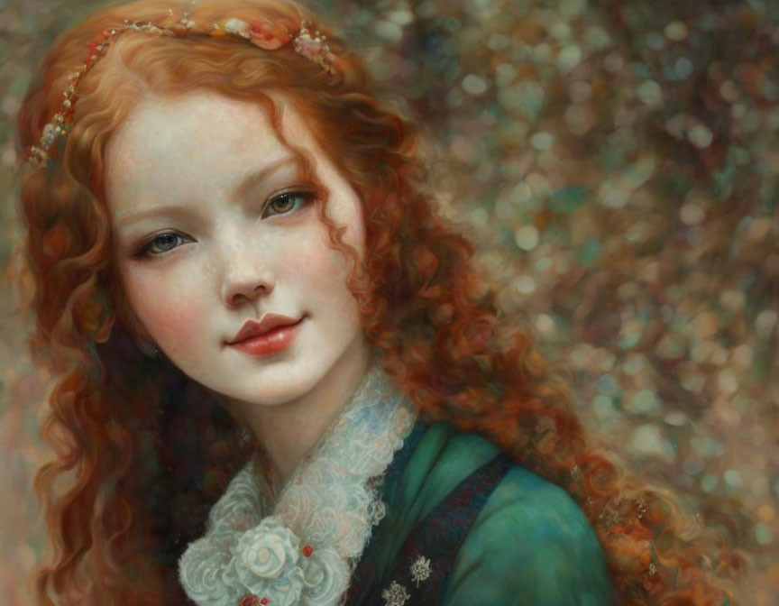 Portrait of a Young Girl with Curly Red Hair in Green Dress