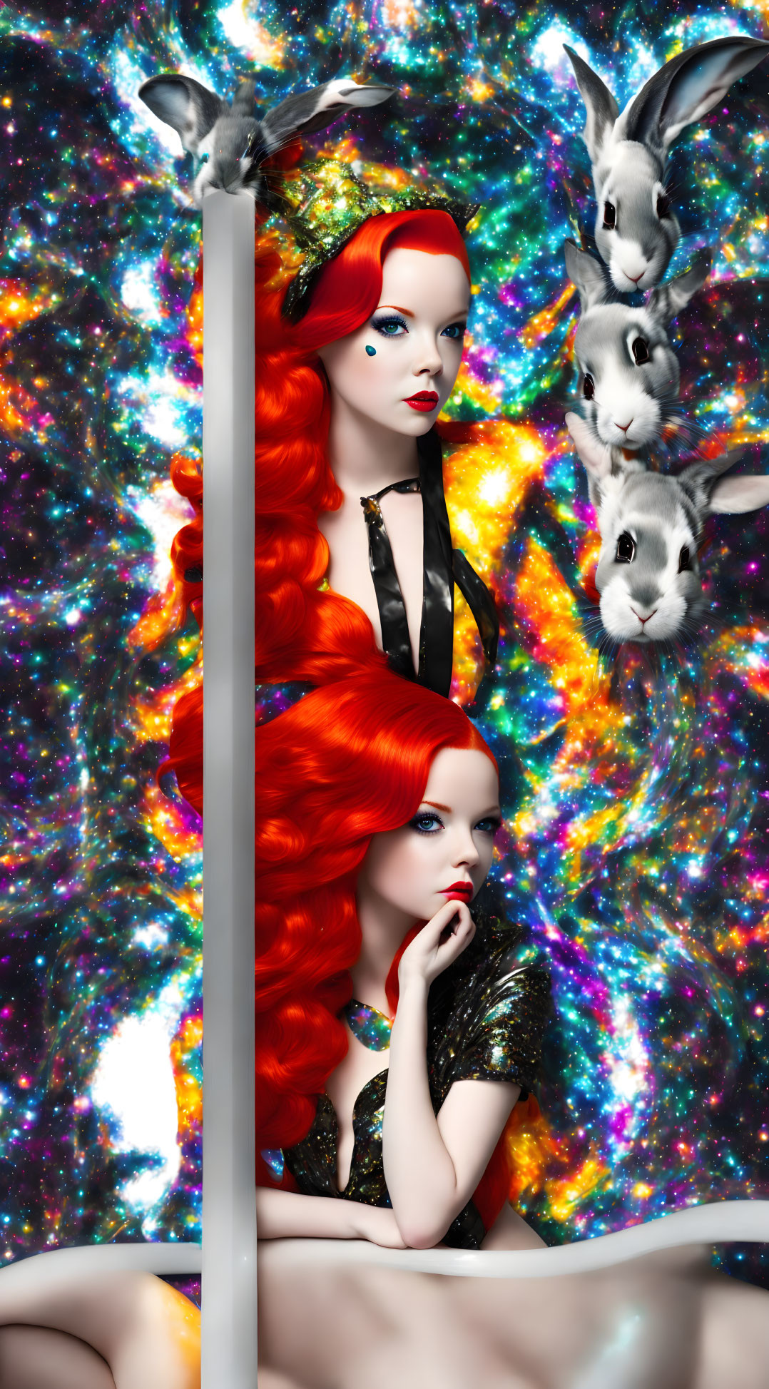 Identical red-haired women with cosmic backdrop and floating rabbits.