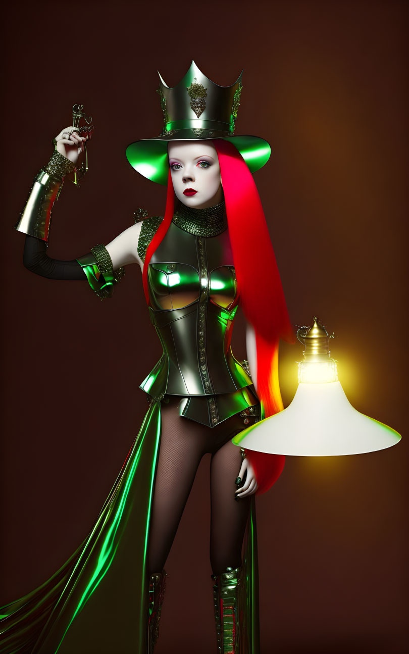 Futuristic female figure in metallic green corset with vibrant hair and hat holding a lamp