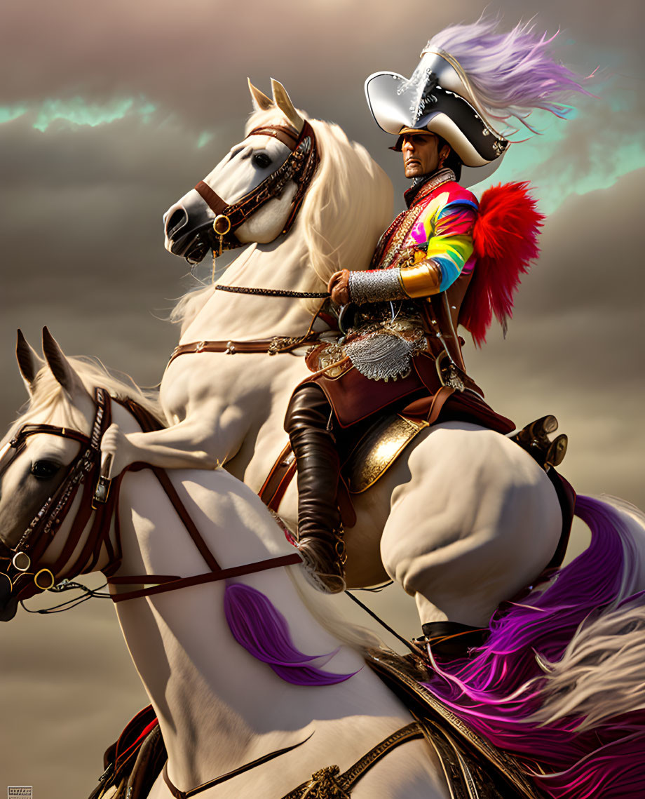 Regal figure in ornate armor on white horse under cloudy sky.