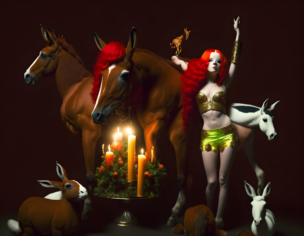 Red-haired woman surrounded by animals and candles in surreal setting