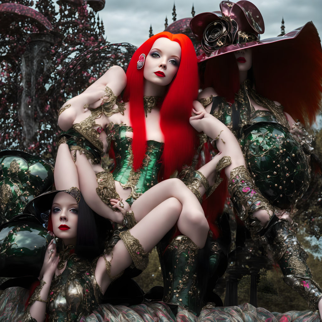 Stylized female figures in ornate green and gold costumes on surreal backdrop