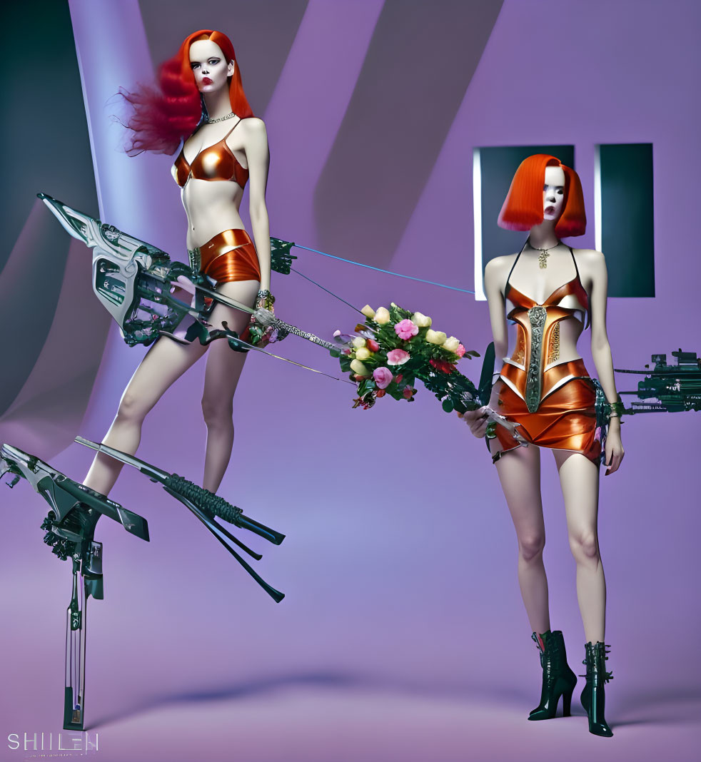 Futuristic female android figures in metallic clothing with red hair on purple backdrop