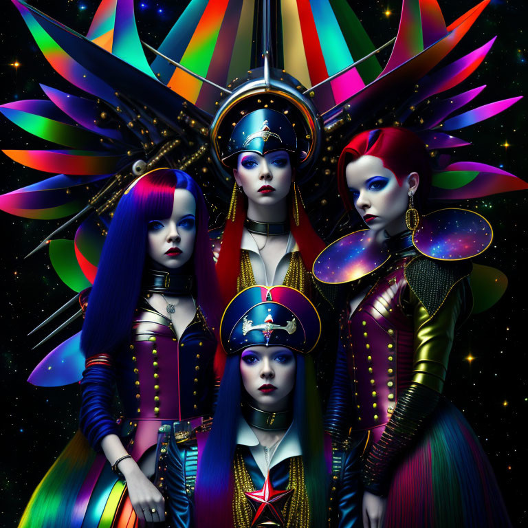 Vibrant futuristic women in elaborate costumes against starry backdrop
