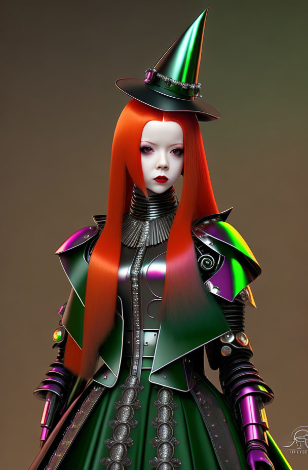 Digital Artwork: Woman with Red Hair in Futuristic Witch Attire