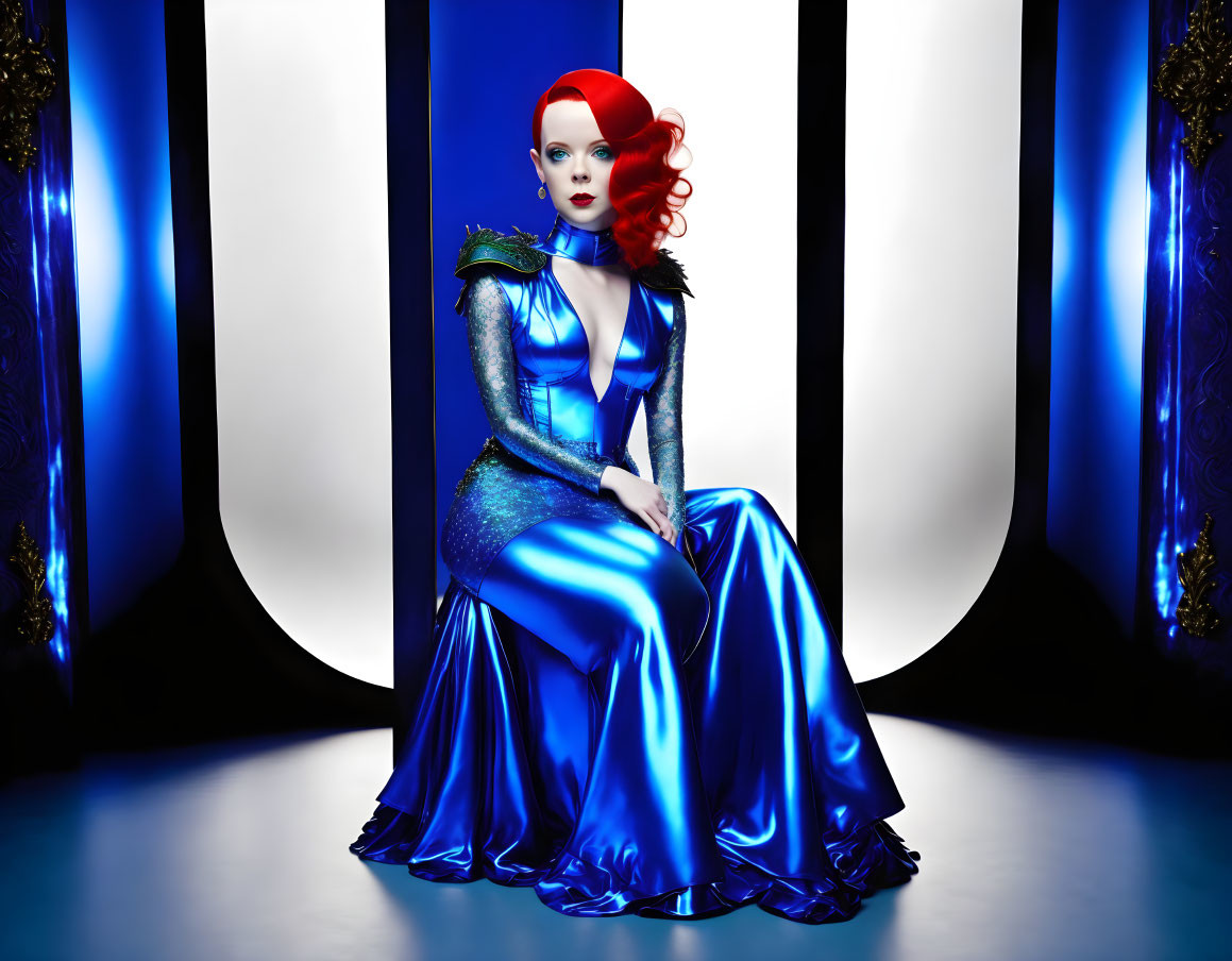 Digital artwork: Red-haired woman in futuristic blue dress against black and white curves