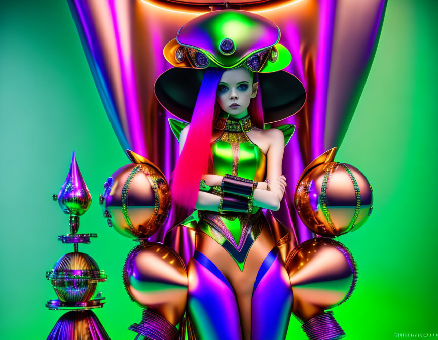 Purple-skinned female character in metallic sci-fi attire on green background with abstract shiny objects