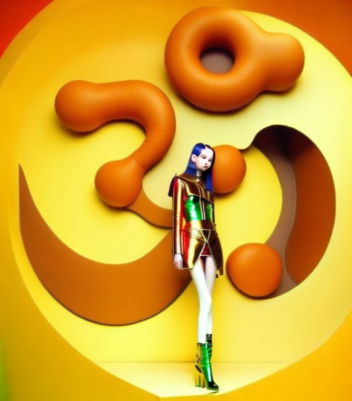 Blue-haired model in colorful attire posing against vibrant yellow backdrop with oversized number ornaments