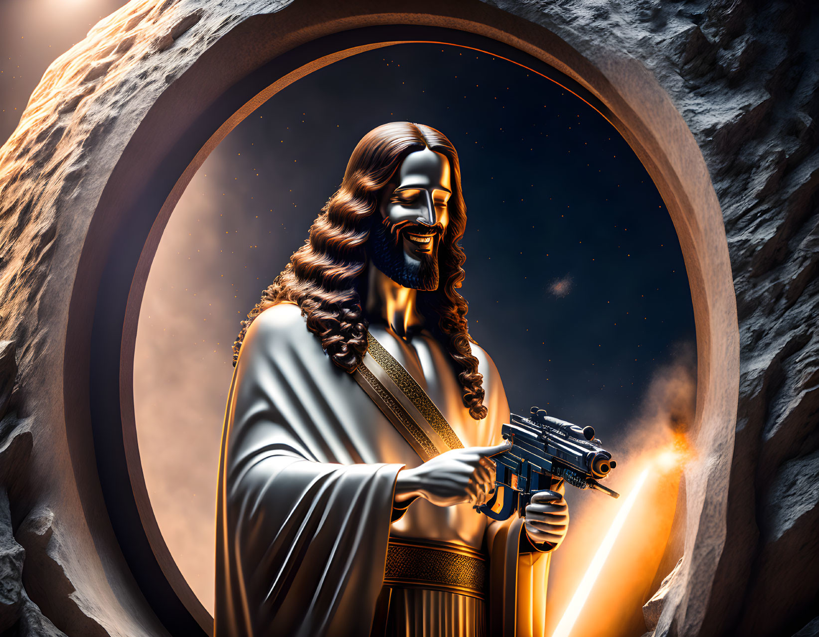 Religious figure holding a pistol in celestial background