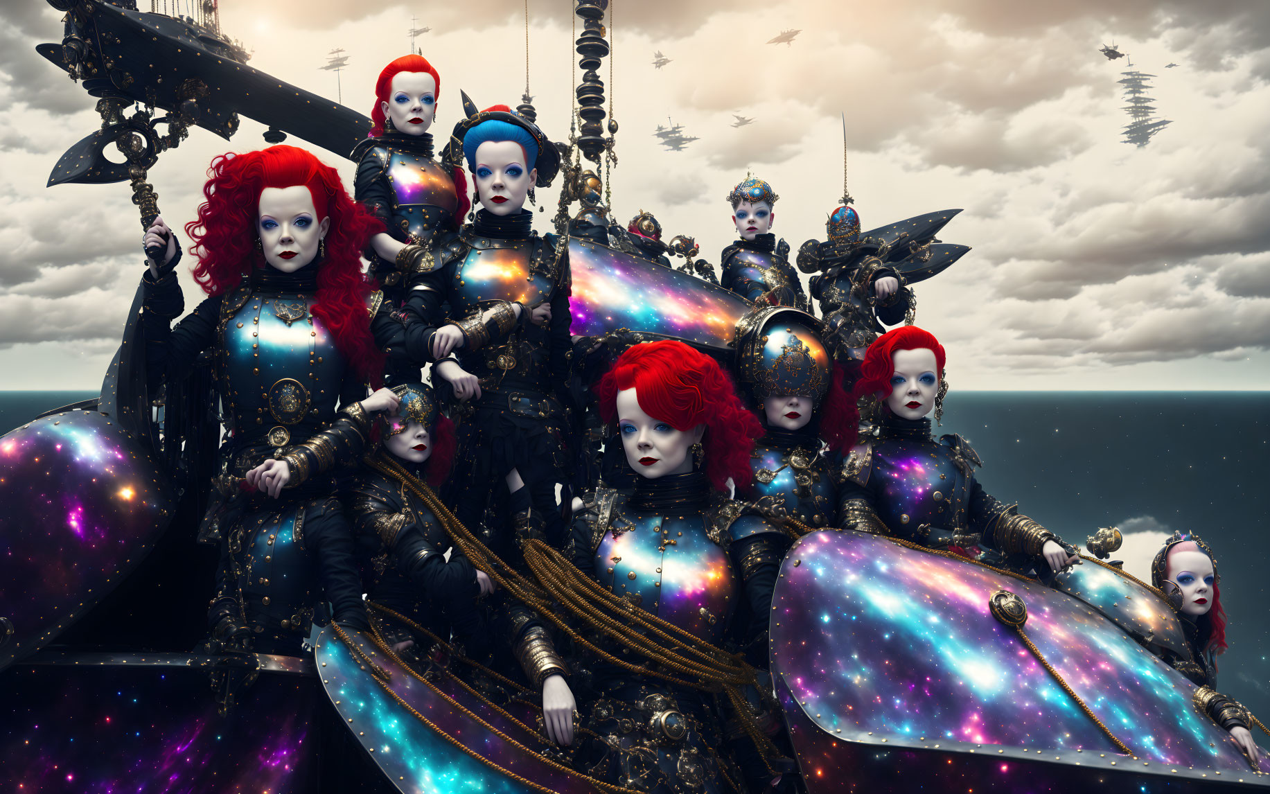 Cosmic-themed doll-like figures on surreal ship with cloudy seascape