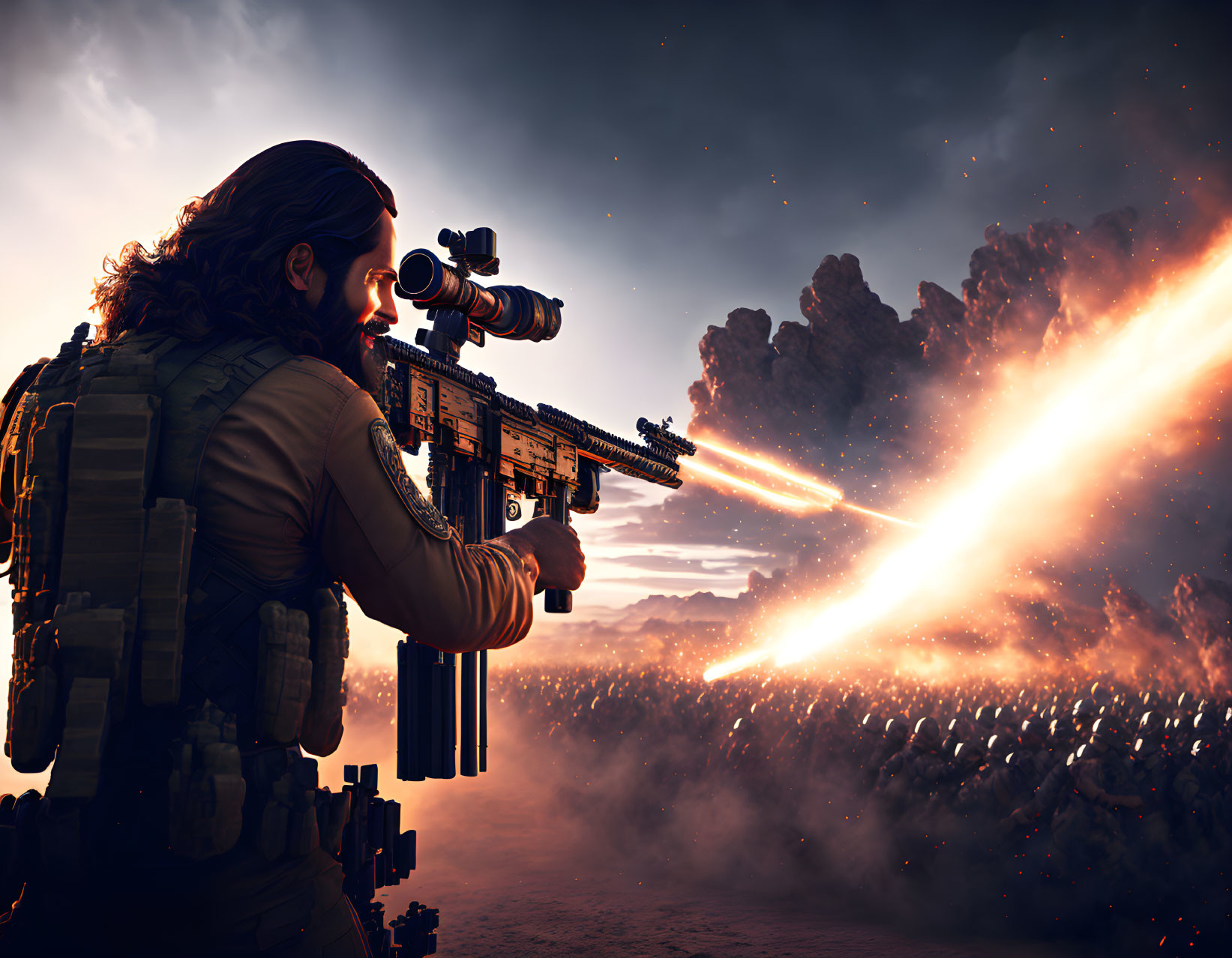 Soldier firing scoped rifle with energy blast against dusky sky