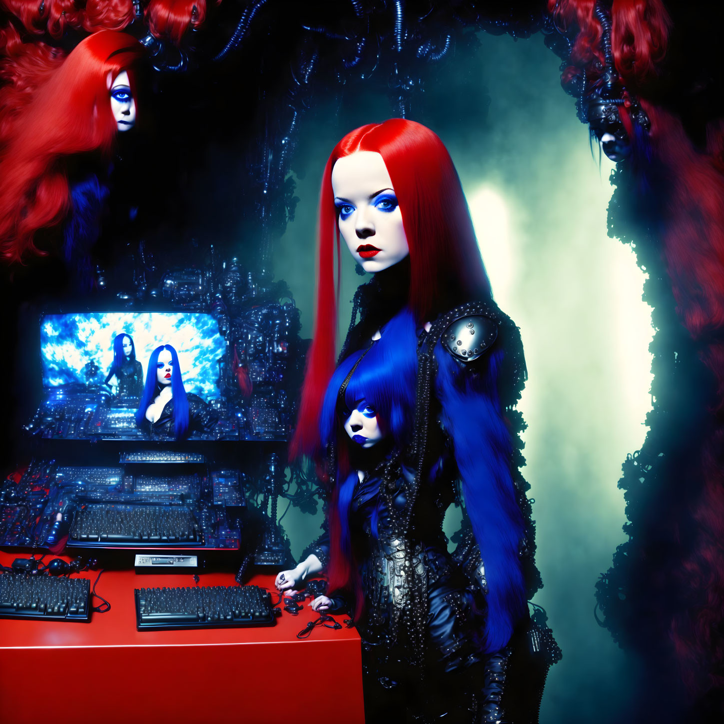 Vivid Cyber-Themed Artwork with Red and Blue Female Characters