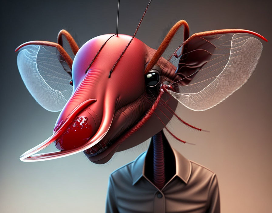 Surreal image: person with elephant head and mosquito features