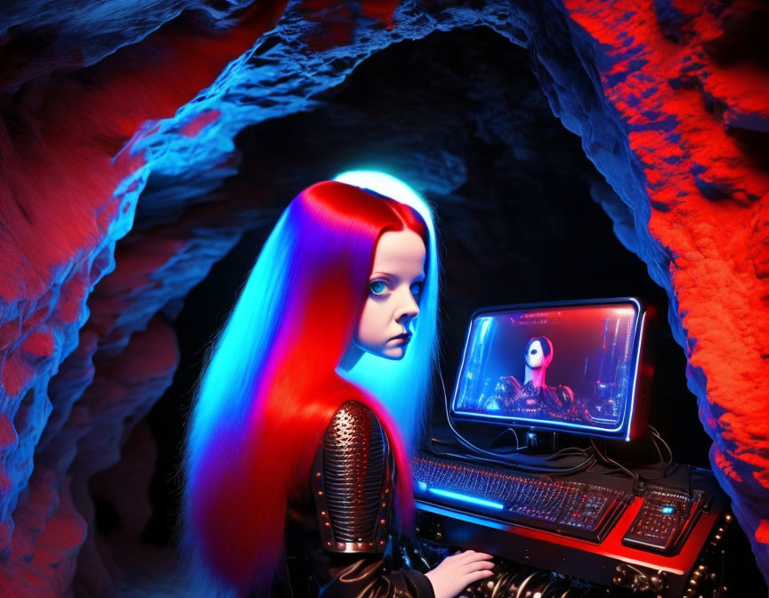 Surreal portrait with blue and red lighting, person using audio mixer in cave setting with abstract face