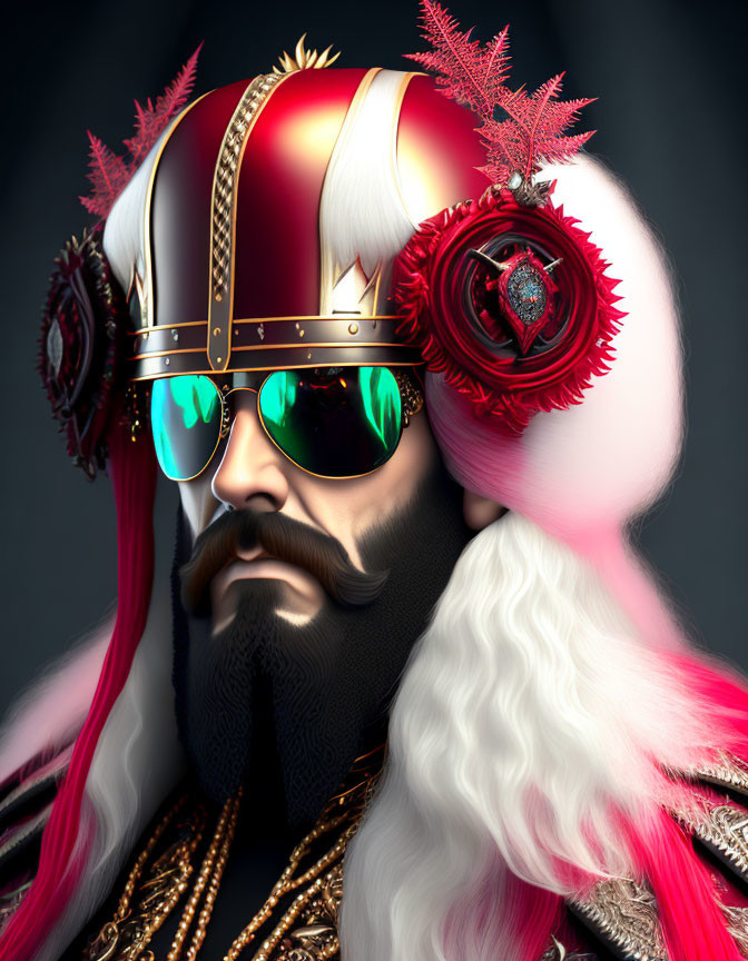 Stylized bearded character with ornate helmet and sunglasses