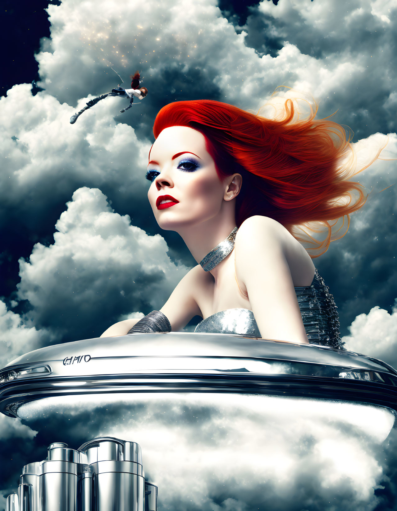 Fiery red-haired woman in futuristic digital artwork