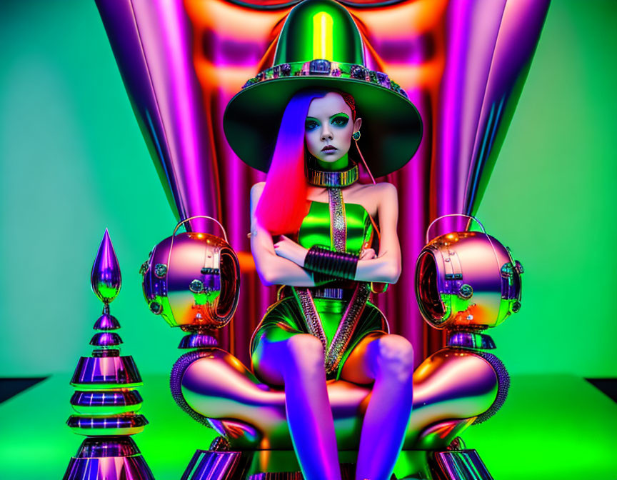Purple-haired woman in futuristic attire with metallic spheres on green and purple background