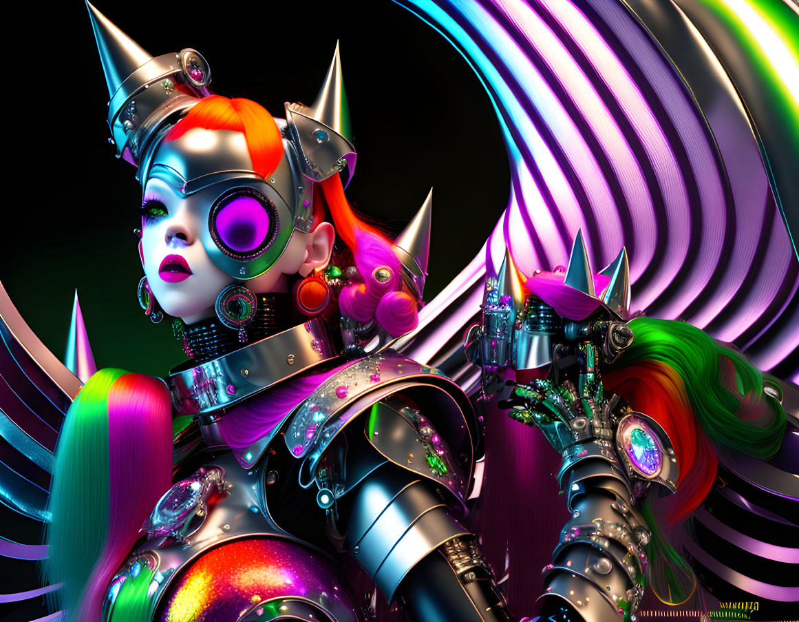 Colorful Female Cyborg Artwork with Futuristic Armor and Headphones