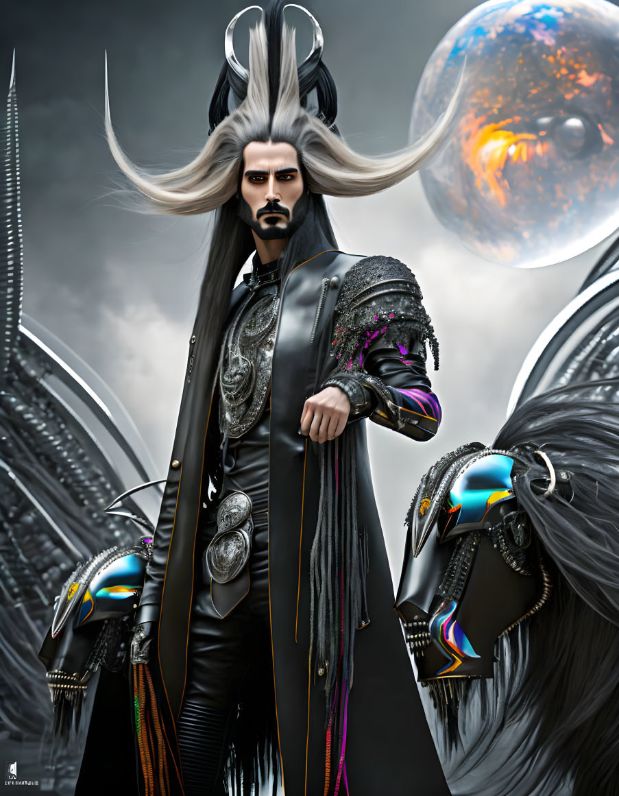 Male figure in ornate black armor against futuristic cityscape