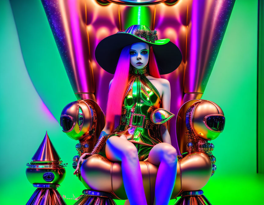 Vibrant red-haired woman in futuristic green attire surrounded by neon lights and metallic decor.