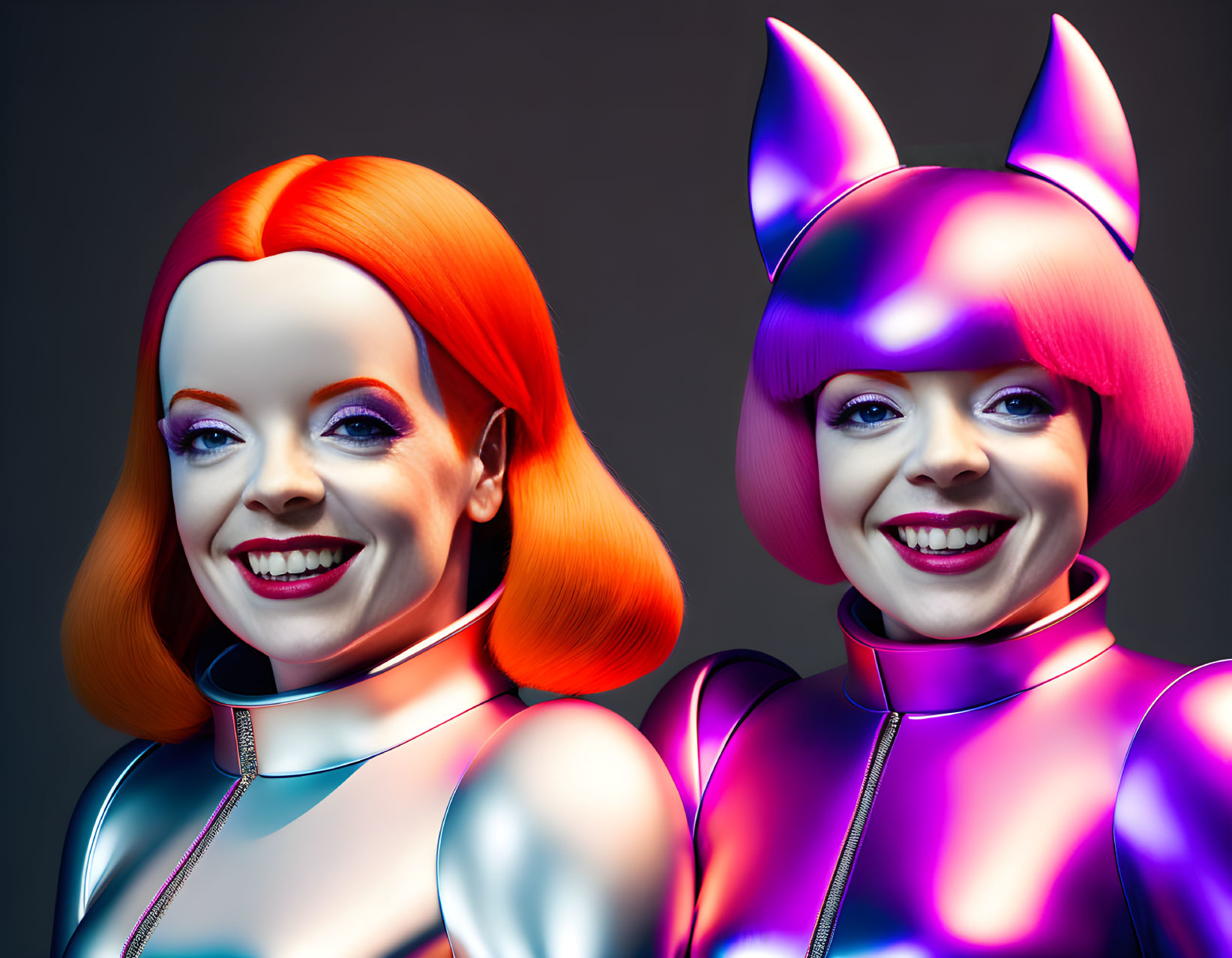 Stylized women with vibrant red and purple hair in futuristic clothing