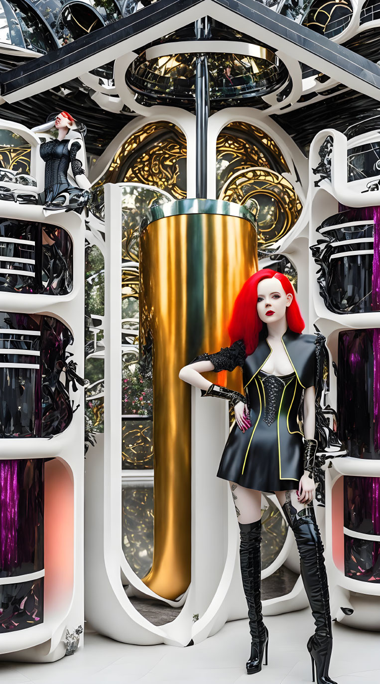 Avant-garde black outfits on mannequins with red hair in modern interior