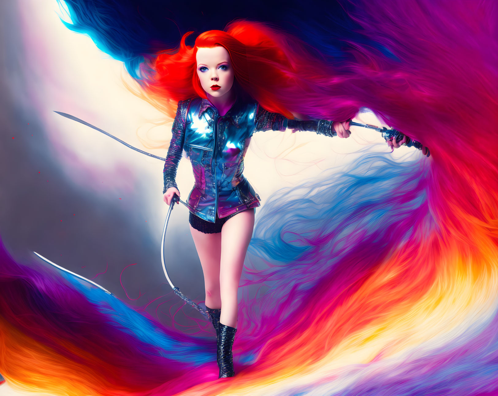 Colorful illustration: girl with red hair and sword in dynamic swirls.