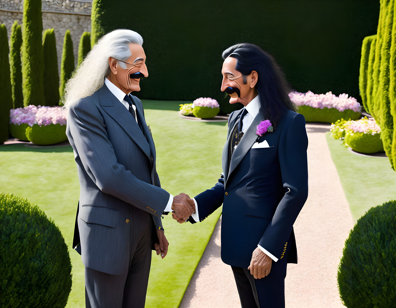 Exaggerated animated men in suits shake hands in formal garden