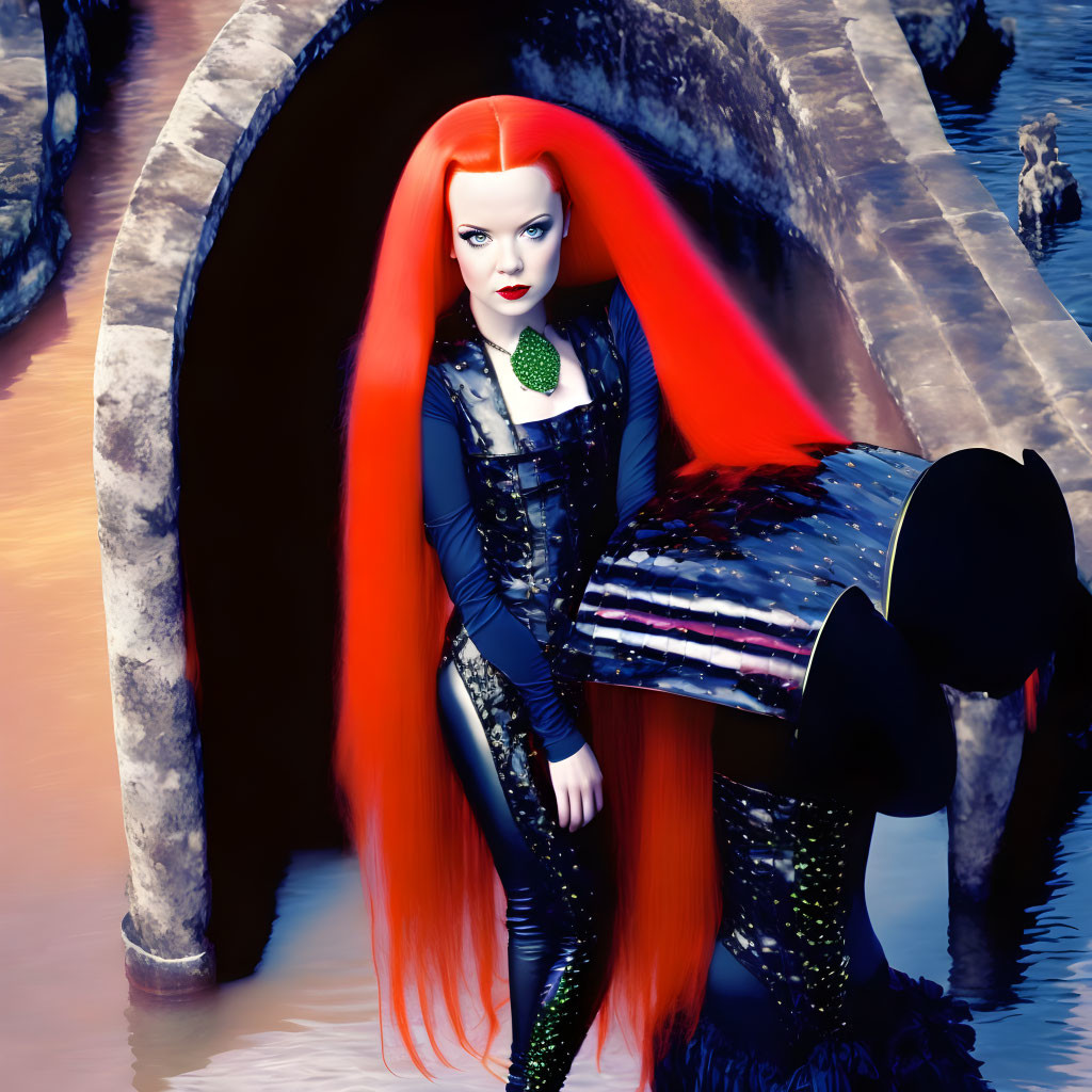 Stylized image of woman with red hair in gothic attire by water canal