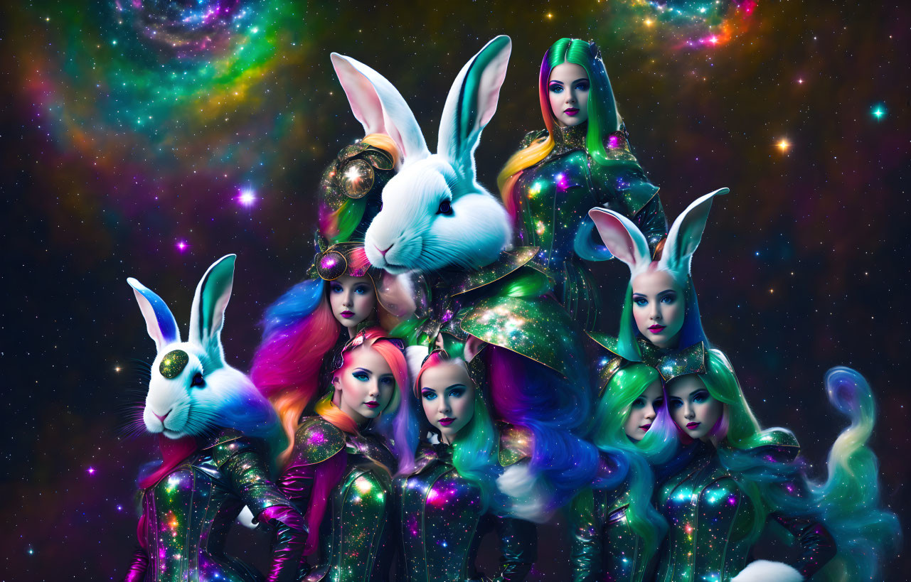 Teal-haired female figures in futuristic outfits with rabbits on cosmic background