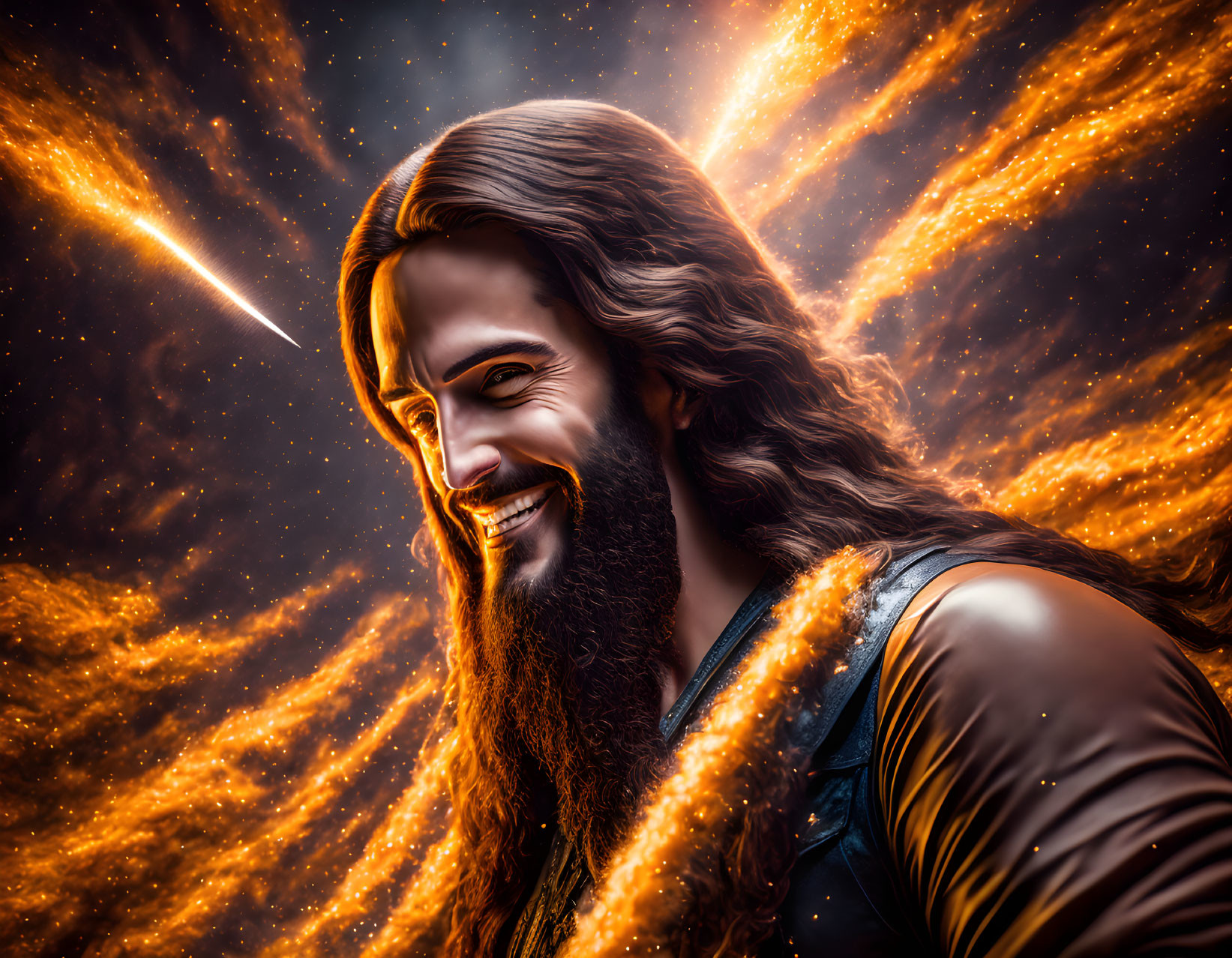 Stylized portrait of a smiling man with long hair and beard against cosmic backdrop