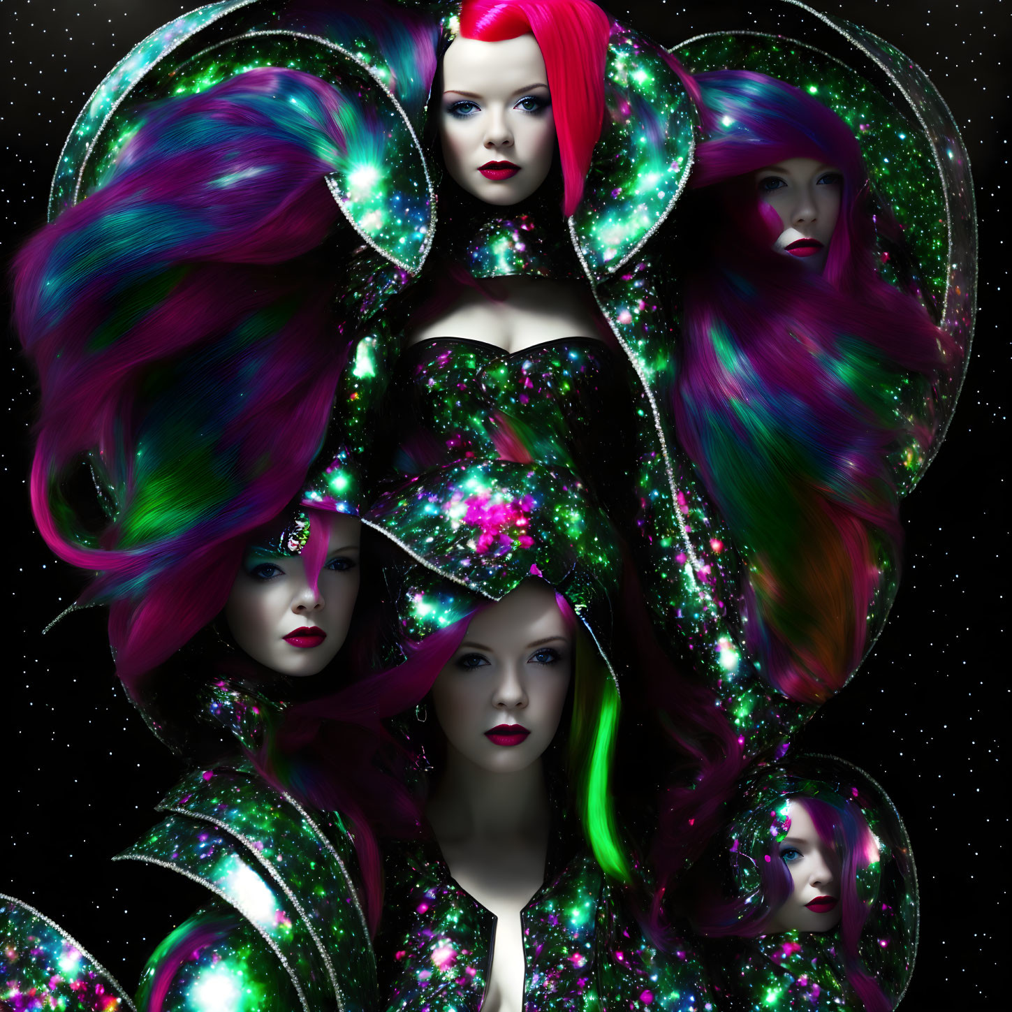 Multiple Female Figures with Pink and Purple Hair in Cosmic Artwork